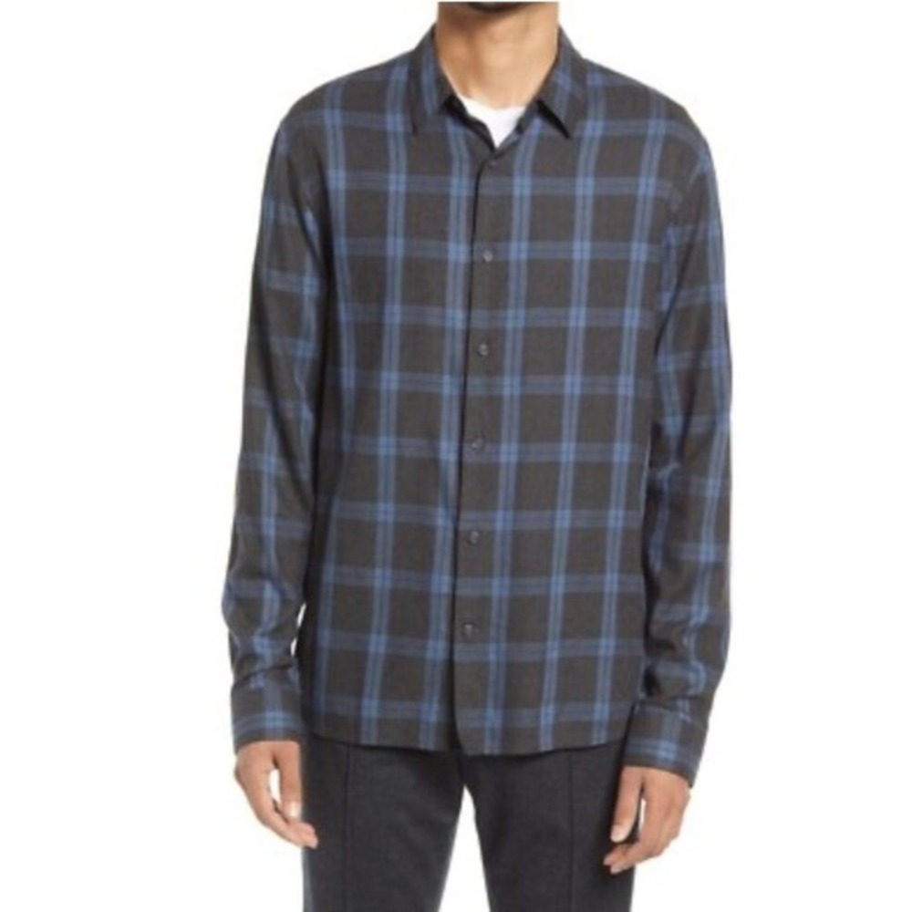 Vince Mens Oceanside‎ Plaid Flannel Button Up XL Blue Black Outdoor Cabin